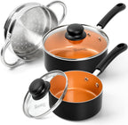 MICHELANGELO Nonstick Sauce Pan with Lid, 1QT & 2QT Ceramic Saucepan Set with Steamer, Small Copper Saucepans Set, Multipurpose Sauce Pots for Cooking, PFAS-FREE, Dishwasher Safe