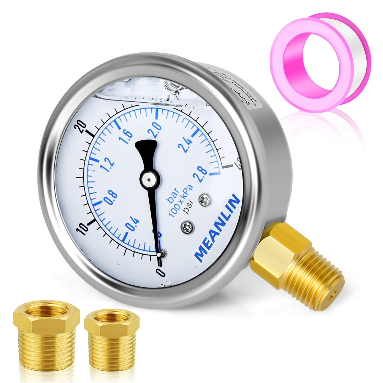 MEANLIN MEASURE 0~40Psi Stainless Steel 1/4" NPT 2.5" FACE DIAL Liquid Filled Pressure Gauge WOG Water Oil Air Lower Mount, with 1/2" NPT and 3/8" NPT Hex Bushing