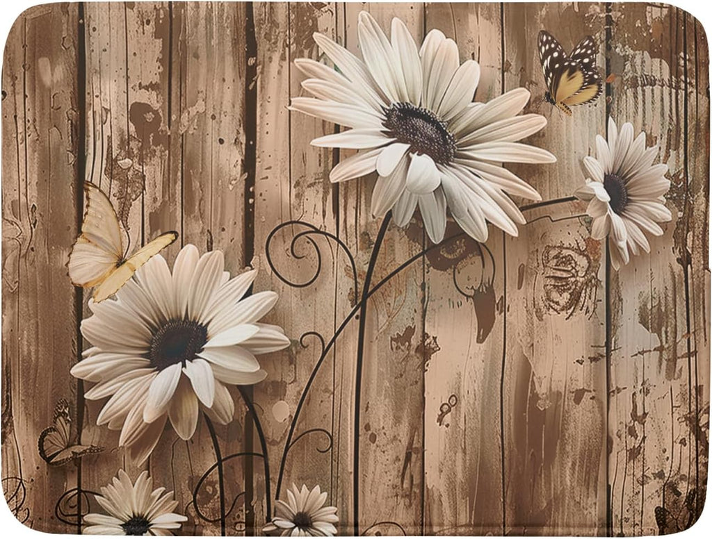 Summer Daisy Flowers Dish Drying Mat for Kitchen Counter 18x24 Inch Rustic Daisy Absorbent Dish Drying Mat Wood Microfiber Reversible Drying Pad Dish Drainer Mat for Countertops Tableware Decor