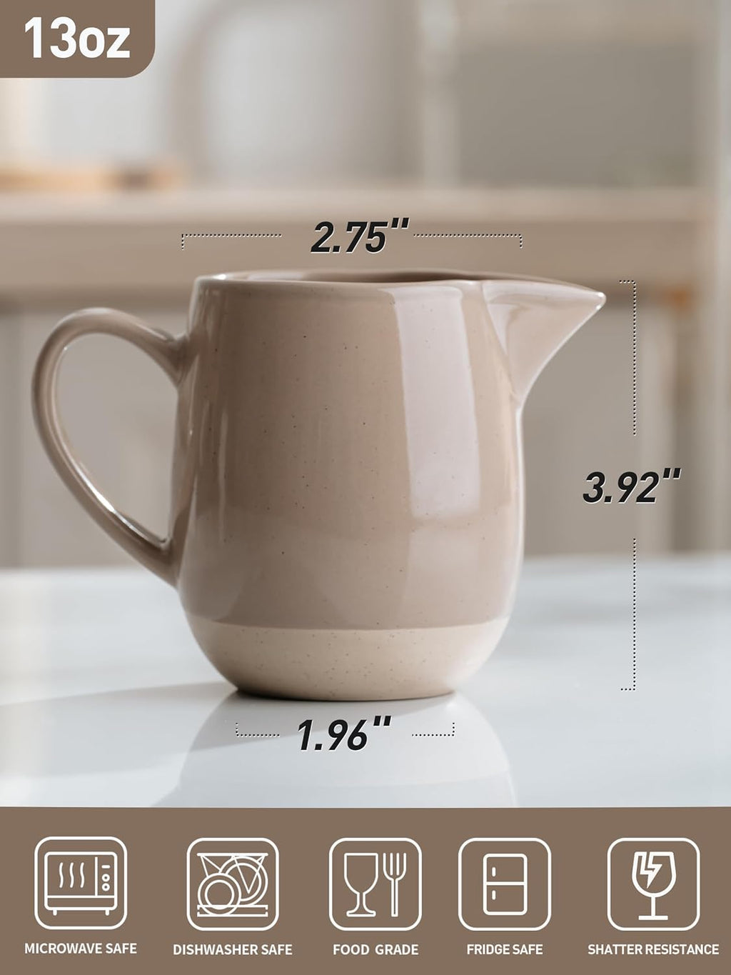 famiware Milkyway 13oz Creamer with Handle, Ceramic Coffee/Milk/Sauce/Serving/Salad Pitcher Jug, Stoneware Maple/Syrup Dispenser, Milk Frother Cup, Microwave and Dishwasher Safe, Cinnamon Brown