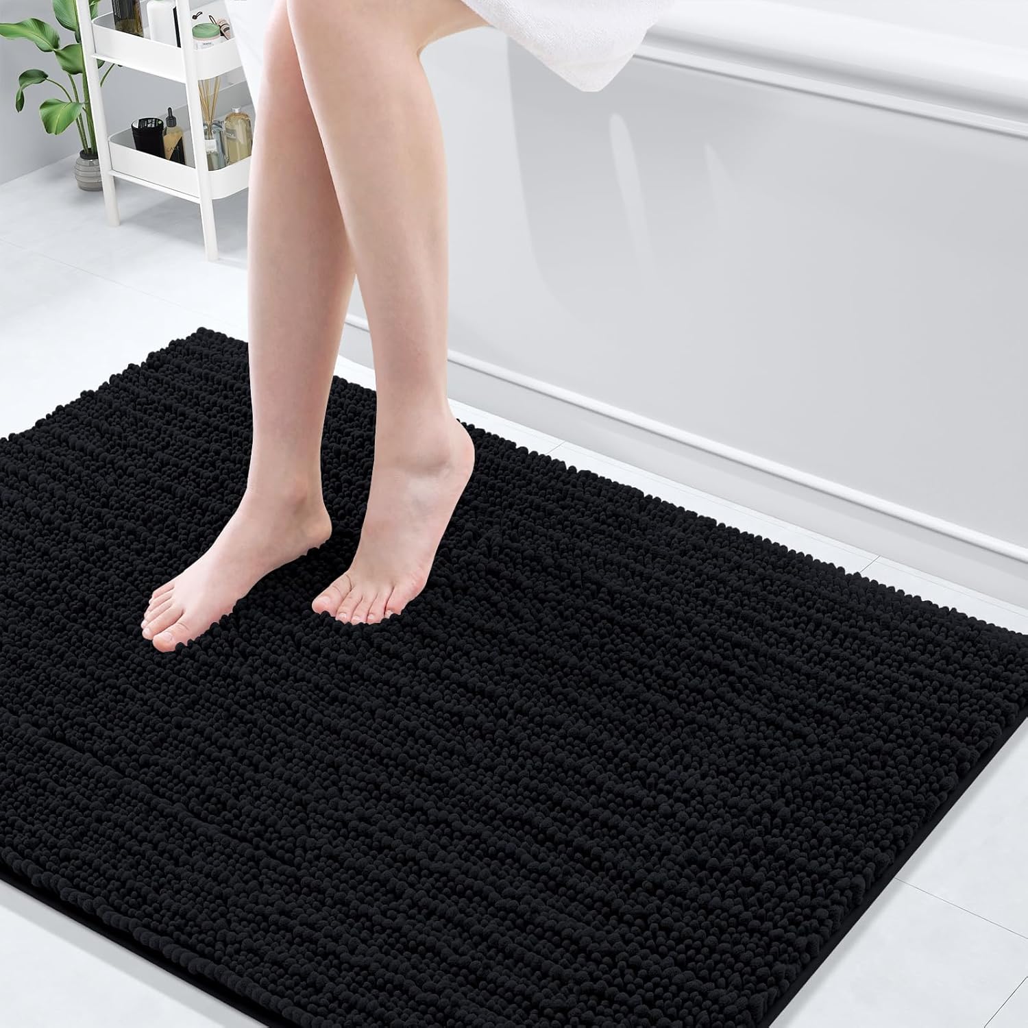Arotive Luxury Chenille Bathroom Rug Mat, Extra Soft Thick Absorbent Shaggy Bath Rugs, Non-Slip Machine Wash Dry, Plush Bath Mats for Bathroom, Shower and Tub, 47x32, Black