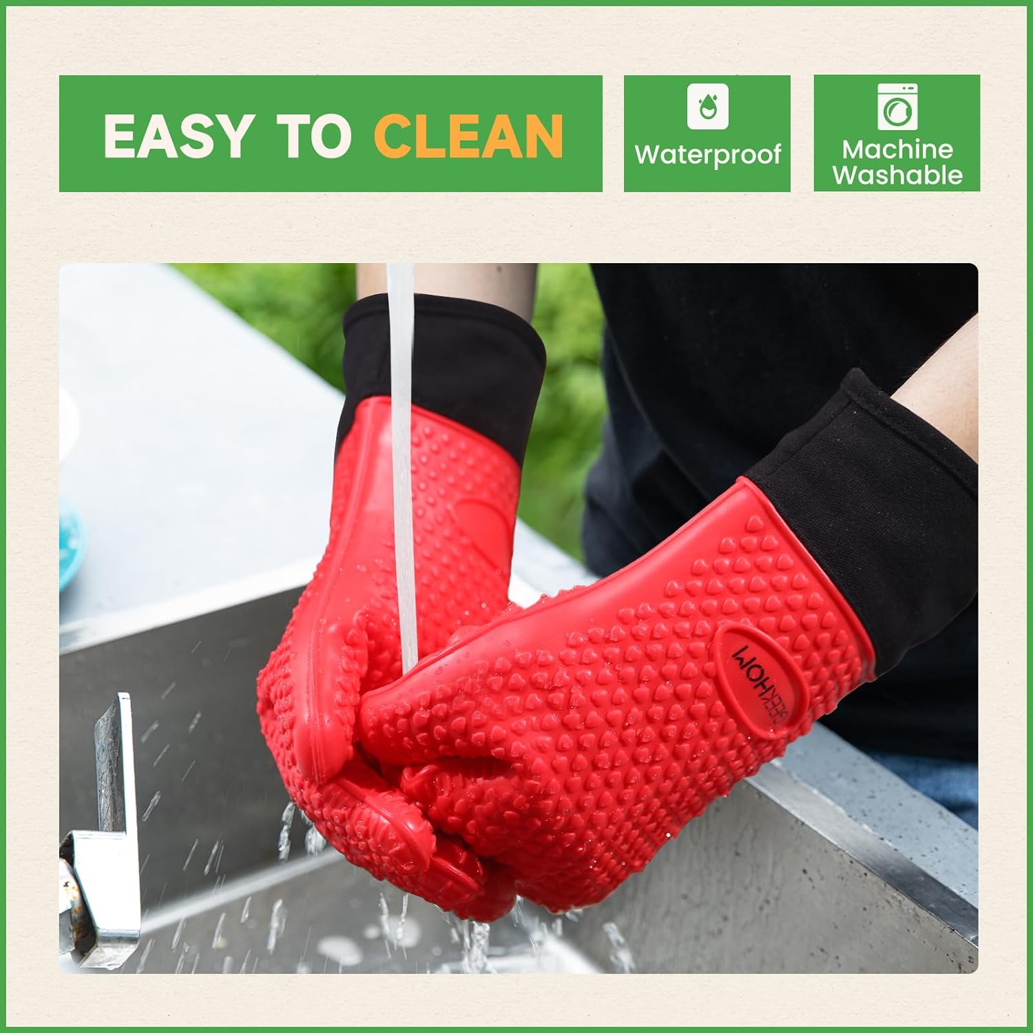 GEEKHOM BBQ Gloves Heat Resistant Oven Mitts - Silicone Grilling Gloves with 13.7" Arm Protection - Waterproof Pot Holder Non-Slip for Men & Women, Kitchen Outdoor Cooking, Baking, Camping, Red