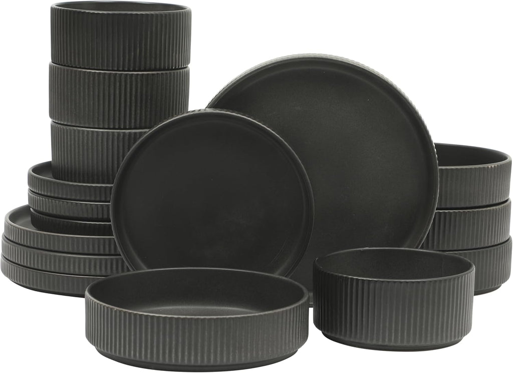 Gibson Elite Deerfield 16-Piece Stoneware Dinnerware Set – Matte Black Reactive Glaze Plates and Bowls, Stackable, Modern Design, Service for 4 – Microwave & Dishwasher Safe