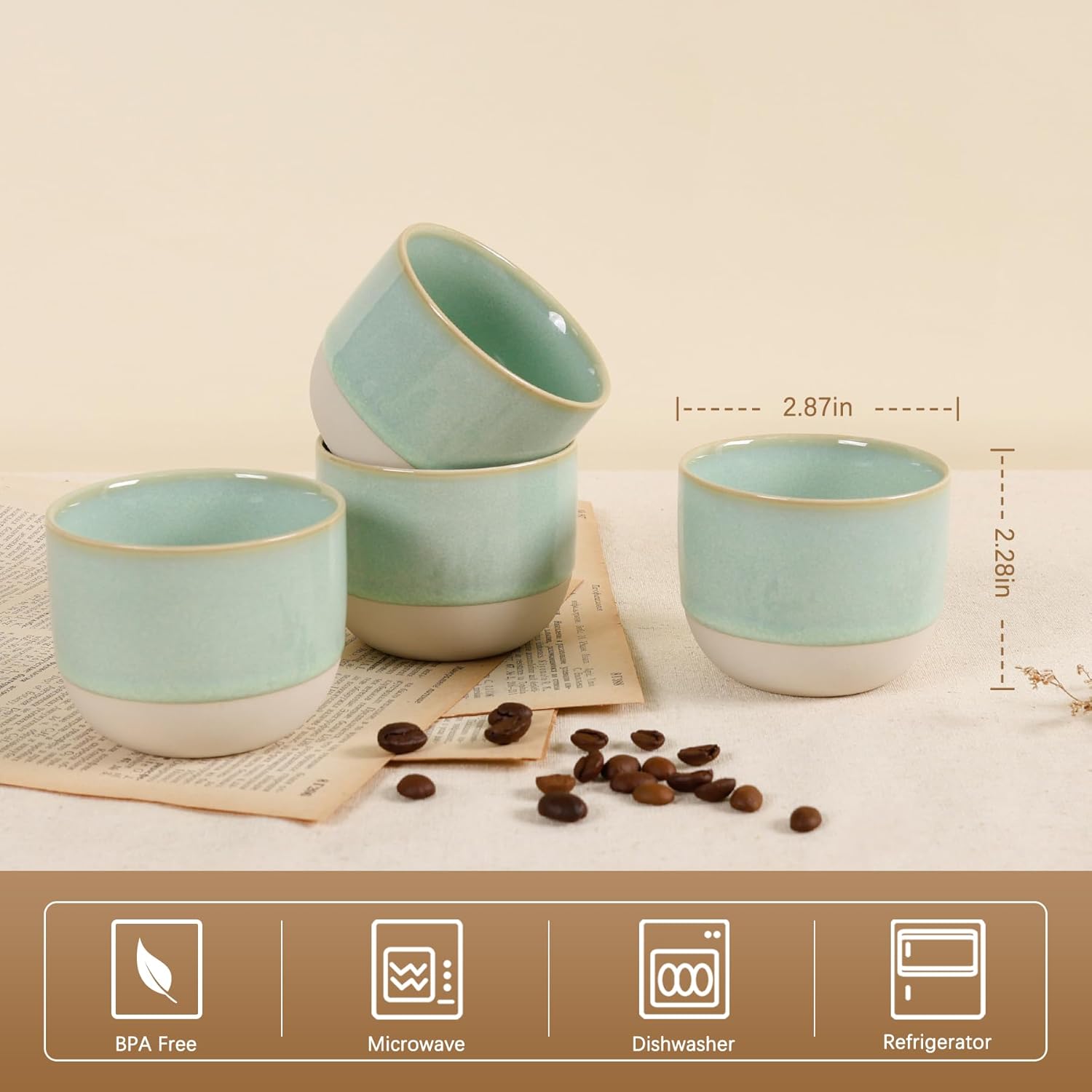 Ceramic Espresso Cups Set of 4, Double Walled Espresso Coffee Mugs for Nespresso Cups, Special glazed Demitasse Cups Coffee Cup for Machine (Green)