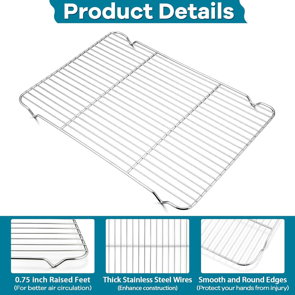 P&P CHEF Baking Cooling Rack Set for Cooking Roasting, 4-Piece Stainless Steel Wire Racks for Oven Use, Healthy & Dishwasher Safe, Rectangle, 16.6 Inch