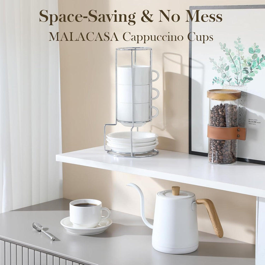 MALACASA 8 OZ Porcelain Espresso Cups with Saucers and Metal Stand Set of 4, Stackable Cappuccino Cups, White Expresso Shots Cup Set for Coffee Drinks, Latte, Tea