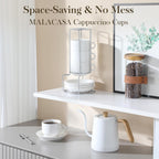 MALACASA 8 OZ Porcelain Espresso Cups with Saucers and Metal Stand Set of 4, Stackable Cappuccino Cups, White Expresso Shots Cup Set for Coffee Drinks, Latte, Tea