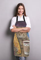 Funny Galaxy Cat Adjustable Bib Apron, The cat is holding a cup of black coffee and a baguette Cooking Kitchen Apron for Men Women