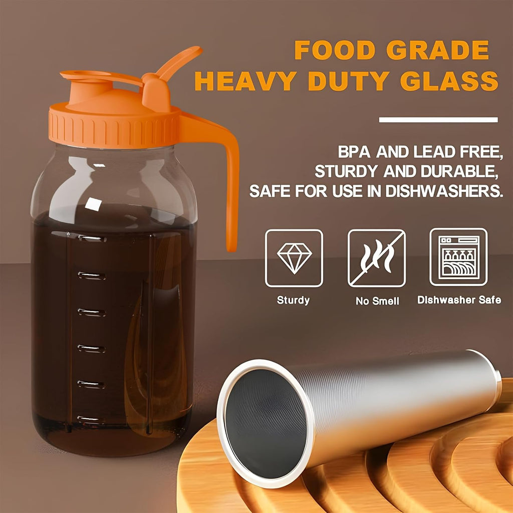 Cold Brew Coffee Maker Jar - 64oz Thick Glass Multipurpose Mason Pitcher Spout Lid with Handle & Stainless Steel Filter for Iced Coffee, Lemonade, Ice Tea, Homemade Fruit Drinks Container
