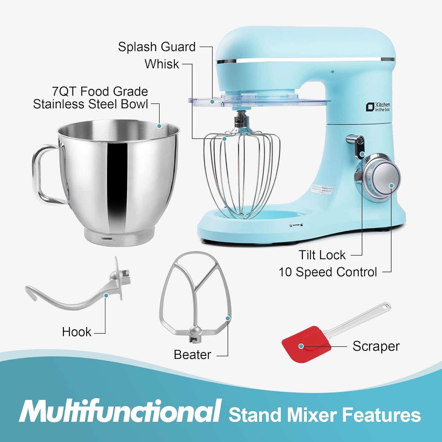 Kitchen in the box 7QT 900W 10-Speed Stand Mixer, Tilt-Head Kitchen Electric Mixer with Dough Hook, Whisk & Flat Beater(Blue)
