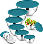 E-far Mixing Bowls with Lids Set, 7-Piece Stainless Steel Mixing Bowls with 3 Grater Attachments, Size 4.6, 3.5, 2.6, 2, 1.5, 1, 0.7QT, Metal Nesting Bowls & Blue Airtight Lids, For Baking/Cooking