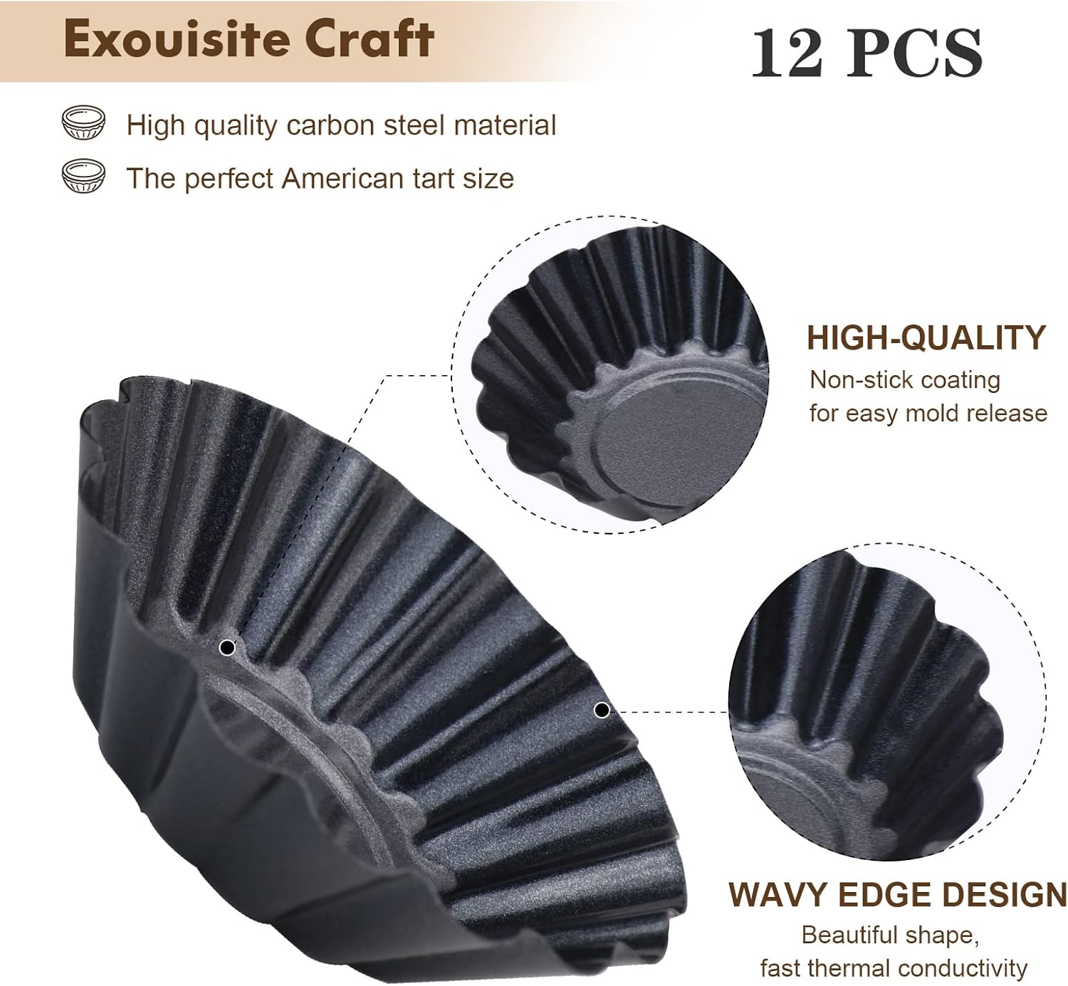 Egg Tart Molds, 12 PCS Non-Stick Very Mini Tart Pans, Mini Tart Mold 3 InchTop, 1.7 Inch Bottom, 0.9Inch High, Carbon Steel, Kitchen Reusable Baking Tools.