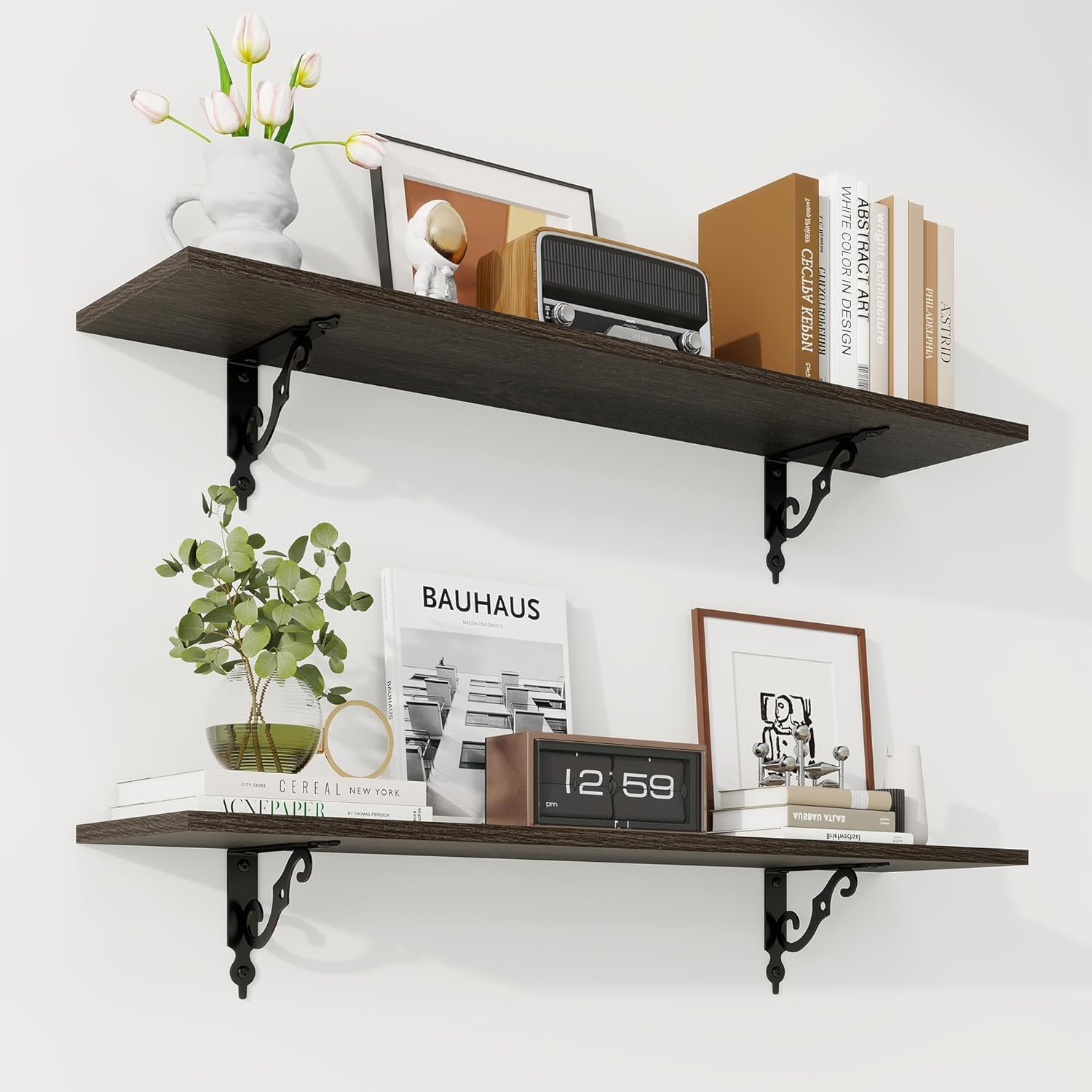 RICHFOCUS Floating Shelves for Wall Decor, 35.4W x 8D Wall Shelves Set of 2, 8 Inch Deep Rustic Wood Shelves Wall Mounted with Brackets, Long Floating Shelves for Living Room Bedroom Kitchen, Black