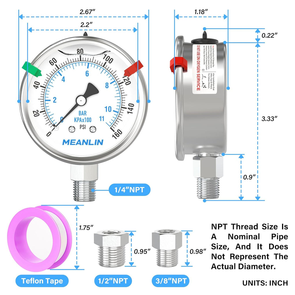 MEANLIN MEASURE 0~160Psi Stainless Steel Liquid Filled Pressure Gauge 2.5"FACE DIAL 1/4"NPT for Air Compressor RV Regulator Water Pressure Tester Lower Mount with Stainless Steel Hex Bushing and Snaps