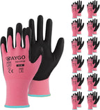 KAYGO Safety Work Gloves PU Coated-12 Pairs, KG11P Seamless Knit Glove with Polyurethane Coated Smooth Grip on Palm & Fingers, for Men and Women, Ideal for General Duty Work,Pink,Medium