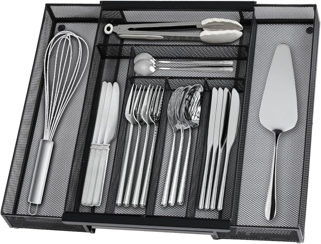 Silverware Organizer Metal Mesh, Large Drawer Organizer, Utensil Cutlery Tray for kitchen drawers, Expandable Flatware Organizer with 8 Compartment Black 11.6"~20" x 17.3"
