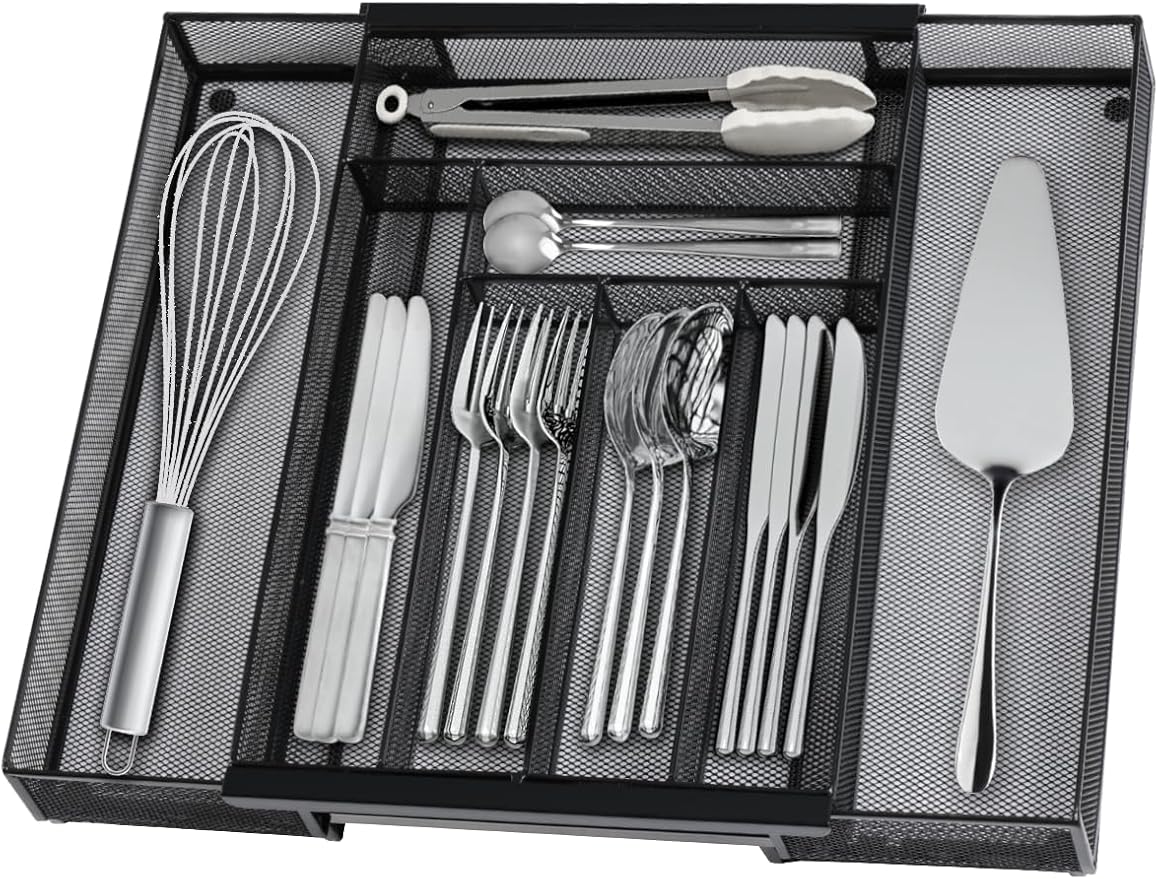 Silverware Organizer Metal Mesh, Large Drawer Organizer, Utensil Cutlery Tray for kitchen drawers, Expandable Flatware Organizer with 8 Compartment Black 11.6"~20" x 17.3"