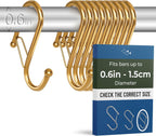 10-Pack Metal S Hooks for Hanging – Heavy-Duty S-Shaped Hooks with Safety Buckle – Fits Bars up to 0.6 In – Anti-Drop Hook for Kitchen, Pot Racks & Towel Bars – Gold (Small)