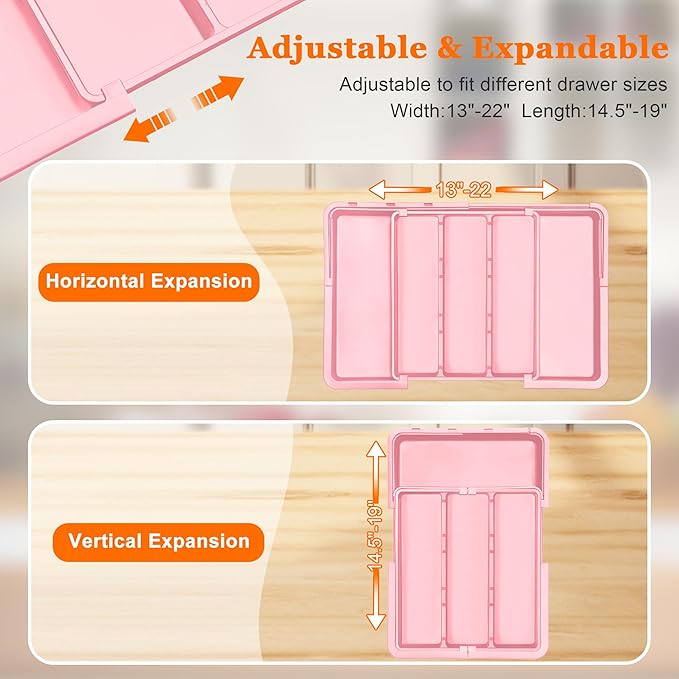 Large Utensil Drawer Organizer Expandable Silverware Organizer for Kitchen Drawer Adjustable Cooking Utensil Holder Cutlery Flatware Tray Spatula Tools Gadgets Storage Dividers Plastic Pink