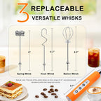 YUSWKO Fluorescence Orange Handheld Milk Frother Wand for Coffee, Rechargeable Electric Whisk with 3 Heads 3 Speeds Drink Mixer Coffee Frother For Latte, Cappuccino, Hot Chocolate, Egg