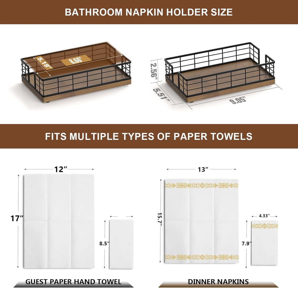 Wican Guest Towel Holder Tray for Bathroom, Oak and Iron Napkins Holder for Powder Room Dinning Table Wooden Basket for Disposable Paper Hand Towels Black and Brown