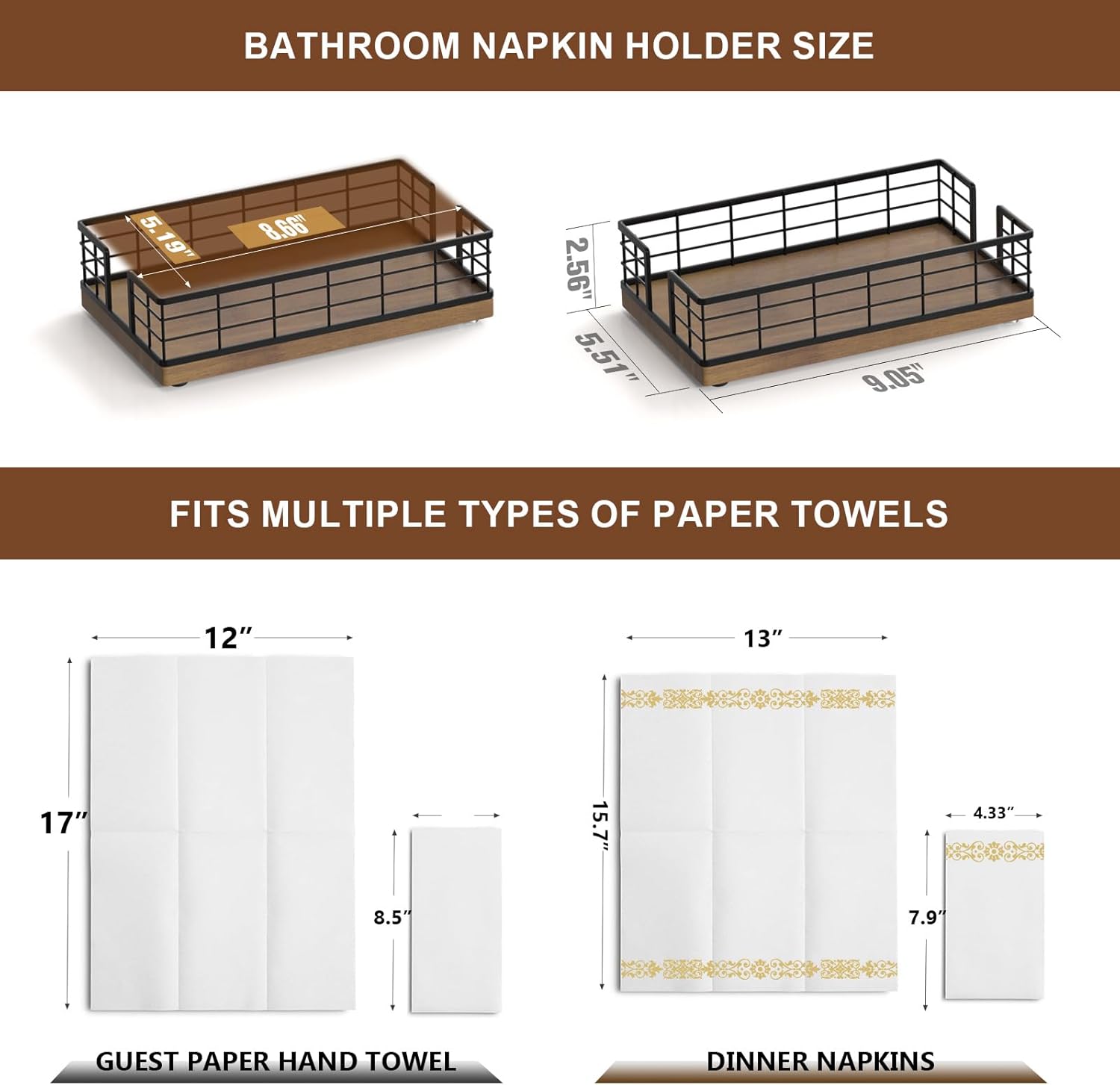 Wican Guest Towel Holder Tray for Bathroom, Oak and Iron Napkins Holder for Powder Room Dinning Table Wooden Basket for Disposable Paper Hand Towels Black and Brown