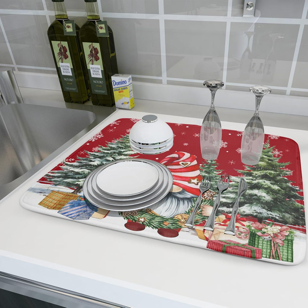 Christmas Gnome Dish Drying Mats for Kitchen Counter Christmas Gnomes Snowflakes Absorbent Microfiber Dishes Drying Pad Xmas Kitchen Drying Mat Drying Rack Mat Kitchen Accessories 16"x18"