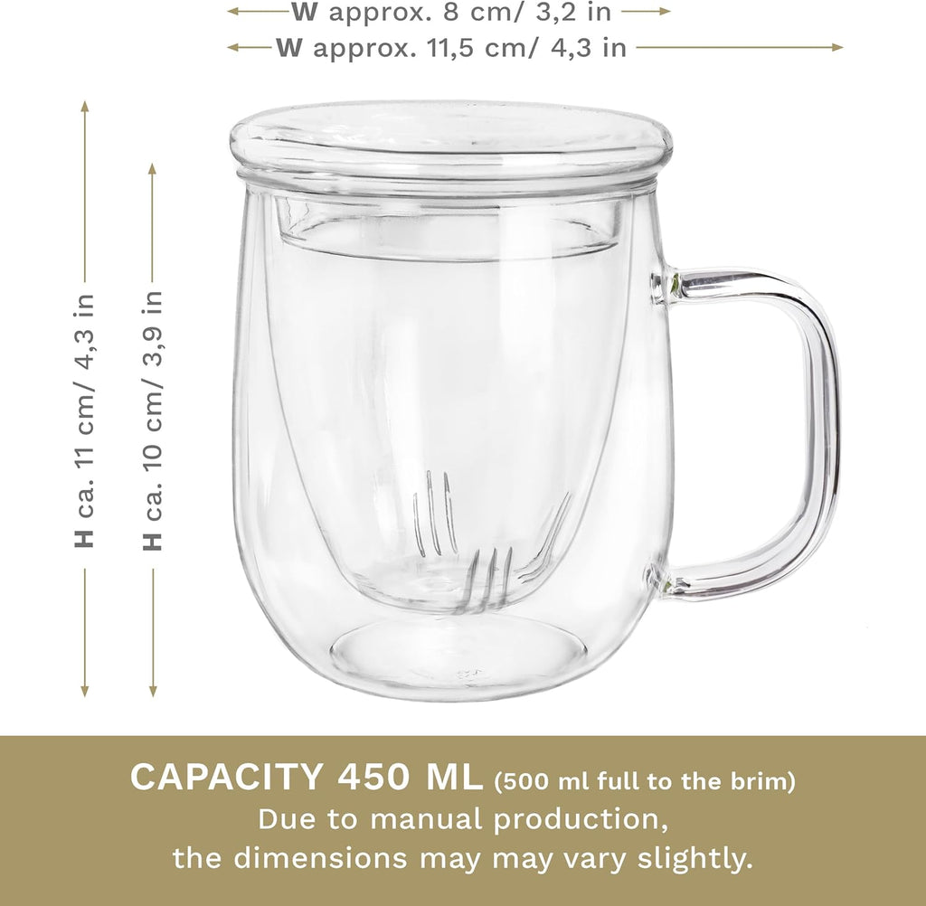 Creano Tea Glass 450 ml – Large Tea Cup with Strainer and Glass Lid – An ideal Tea Maker