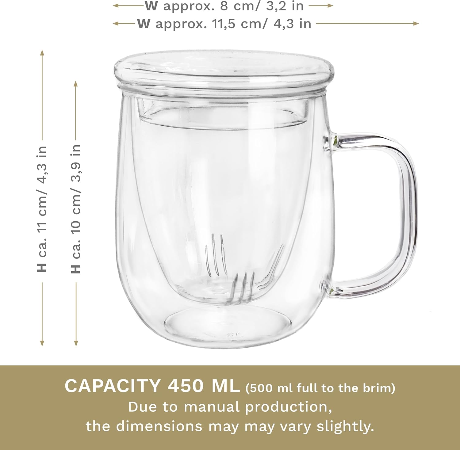 Creano Tea Glass 450 ml – Large Tea Cup with Strainer and Glass Lid – An ideal Tea Maker