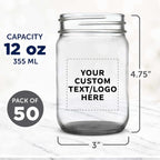 DISCOUNT PROMOS Custom Decorating Mason Jars 12 oz. Set of 50, Personalized Bulk Pack - Glass Jars for Overnight Oats, Candies, Fruits, Pickles, Spices, Beverages - Black