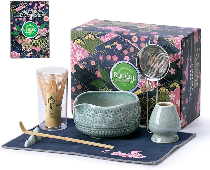 Matcha Whisk Set, Ceramic Matcha Kit Includes Matcha Bowl, Matcha Whisk and Holder, Bamboo Scoop, Scoop Rest, Sifter and Tea Towel - 7 Pcs Matcha Kit for Matcha Lovers (Blue)