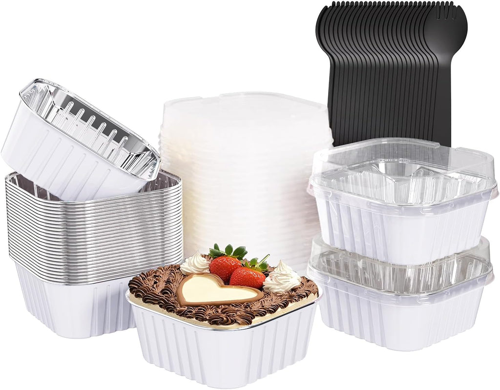 25 Pack Square Mini Cake Pans with Lids,Mini Loaf Pans with Lids,Aluminum Foil Baking Cups,Disposable Ramekins Cupcake Cups,Dessert Cups for Wedding Birthday Party Picnics,5oz (White)