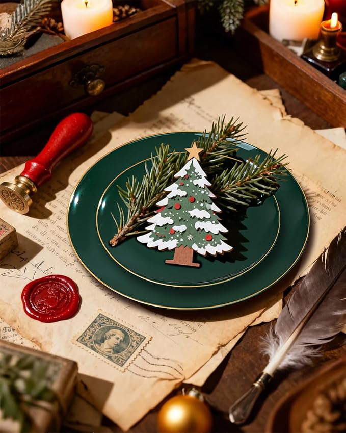 PULOTE 200PCS Green Plastic Plates - Heavy Duty Green Disposable Include 100 Each (10 inch Dinner & 7 inch Dessert) Plates for Christmas Party