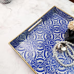 Serving Tray with Handles, Rectangular Decorative Trays for Coffee Table, Plastic Ottoman Tray for Living Room, Decor, Boho Blue, 15.7”*11.8”*1.6"