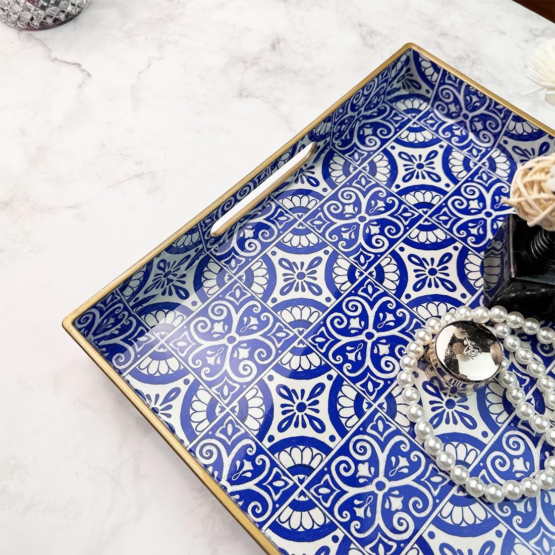 Serving Tray with Handles, Rectangular Decorative Trays for Coffee Table, Plastic Ottoman Tray for Living Room, Decor, Boho Blue, 15.7”*11.8”*1.6"