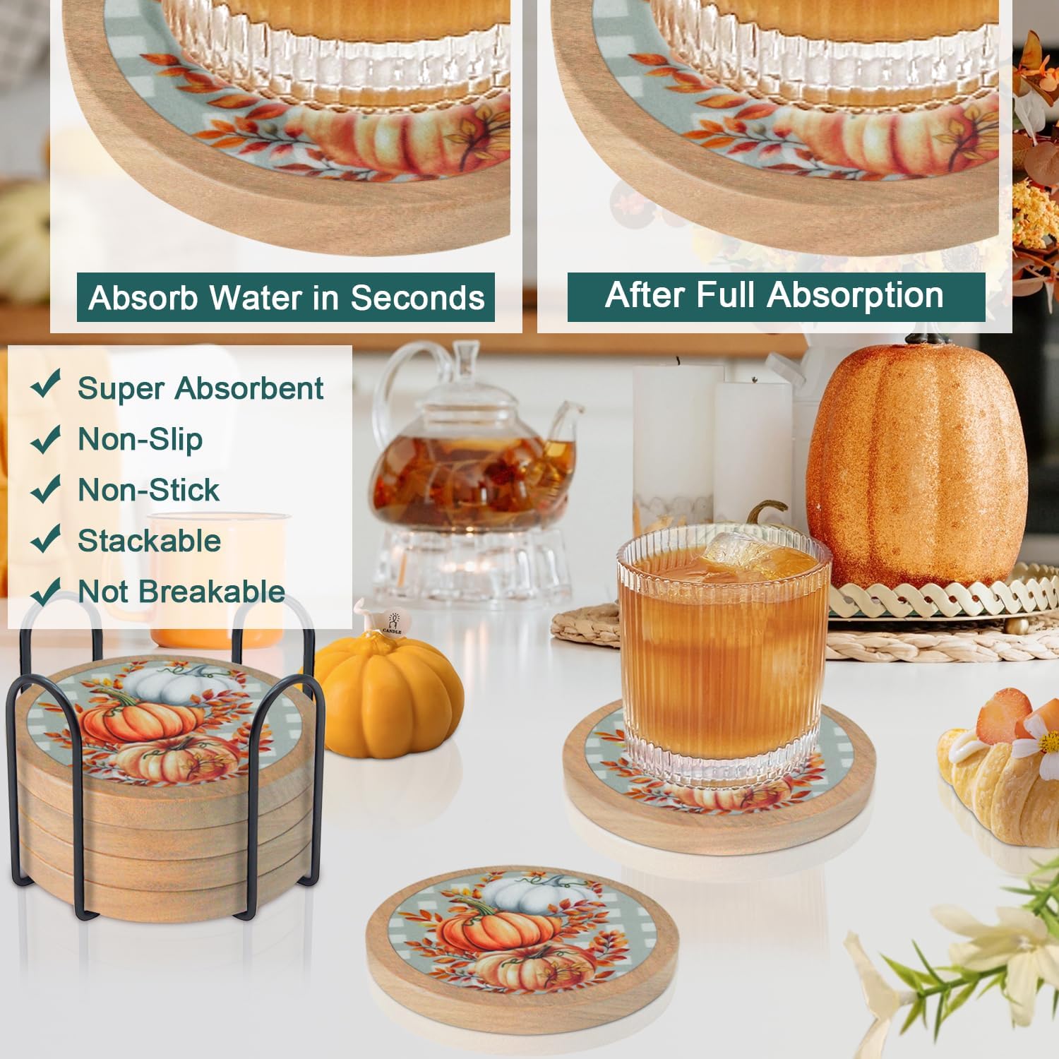 Fall Coasters Set of 6, Pumpkins Coaster, Minacun Absorbent Coasters with Holder Halloween Thanksgiving Themed Party Decoration 4.3 Inch