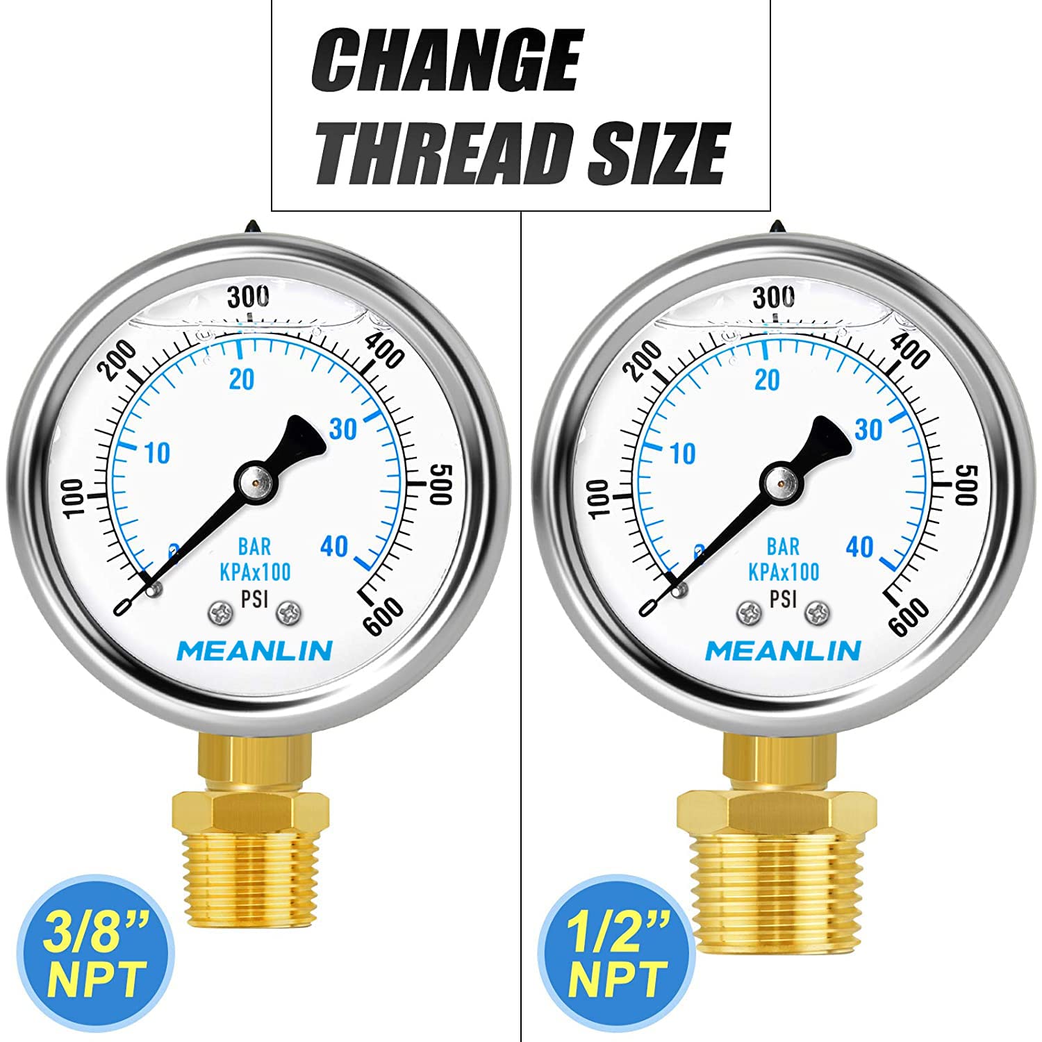 MEANLIN MEASURE 0~600Psi Stainless Steel 1/4" NPT 2.5" FACE DIAL Liquid Filled Pressure Gauge WOG Water Oil Air Lower Mount, with 1/4" x 1/2" NPT and 1/4" x 3/8" NPT Hex Bushing