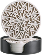 Set of 6 Light Taupe Silicone Coasters with Holder, Drink Coasters with Tribal Pattern Shape- for Table Protection, Anti Slip, Nonstick, Heat Resistant, Deep Tray