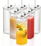 KEMORELA 6 Sets Glass Cups with Lids & Straws, Square Ribbed Drinking Glasses with Lids, Clear Highball Tumblers for Cocktail, Coffee, Juice, Beer, Modern Mixed Drinkware Jars