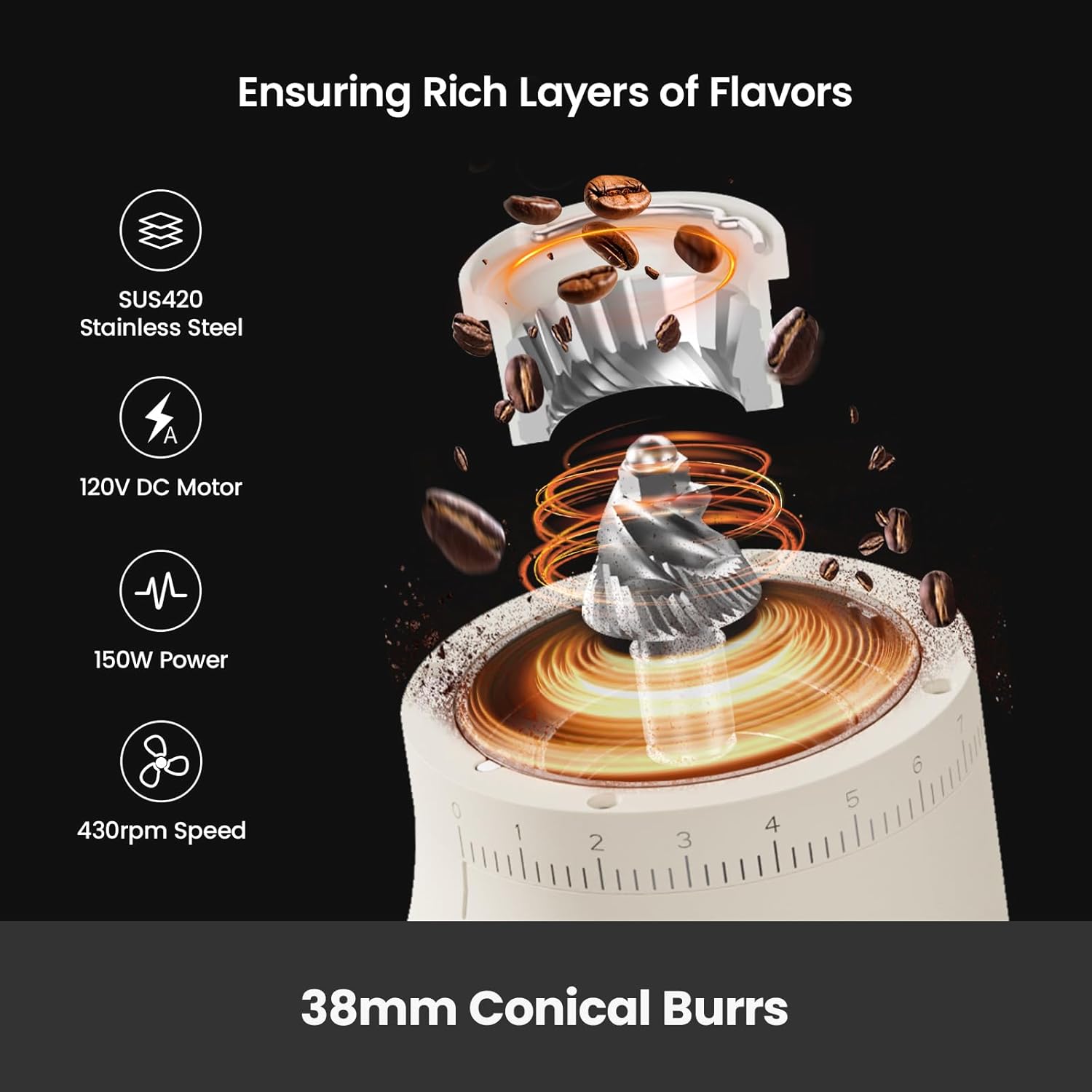 Gemilai Electric Conical Burr Coffee Grinder, Coffee Bean Grinder with Smart 60S Timer, 60 Precise Adjustable Grind Settings for Espresso, 2-12 Cup, Easy to Clean, Durable & Quiet, G9010B White