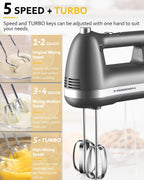 Electric Hand Mixer, Powerful Hand Mixer Electric Handheld with 304 Beaters, Dough Hook,Hand Held Mixer with Turbo for Baking Cakes, Eggs, Cream Food(Grey)