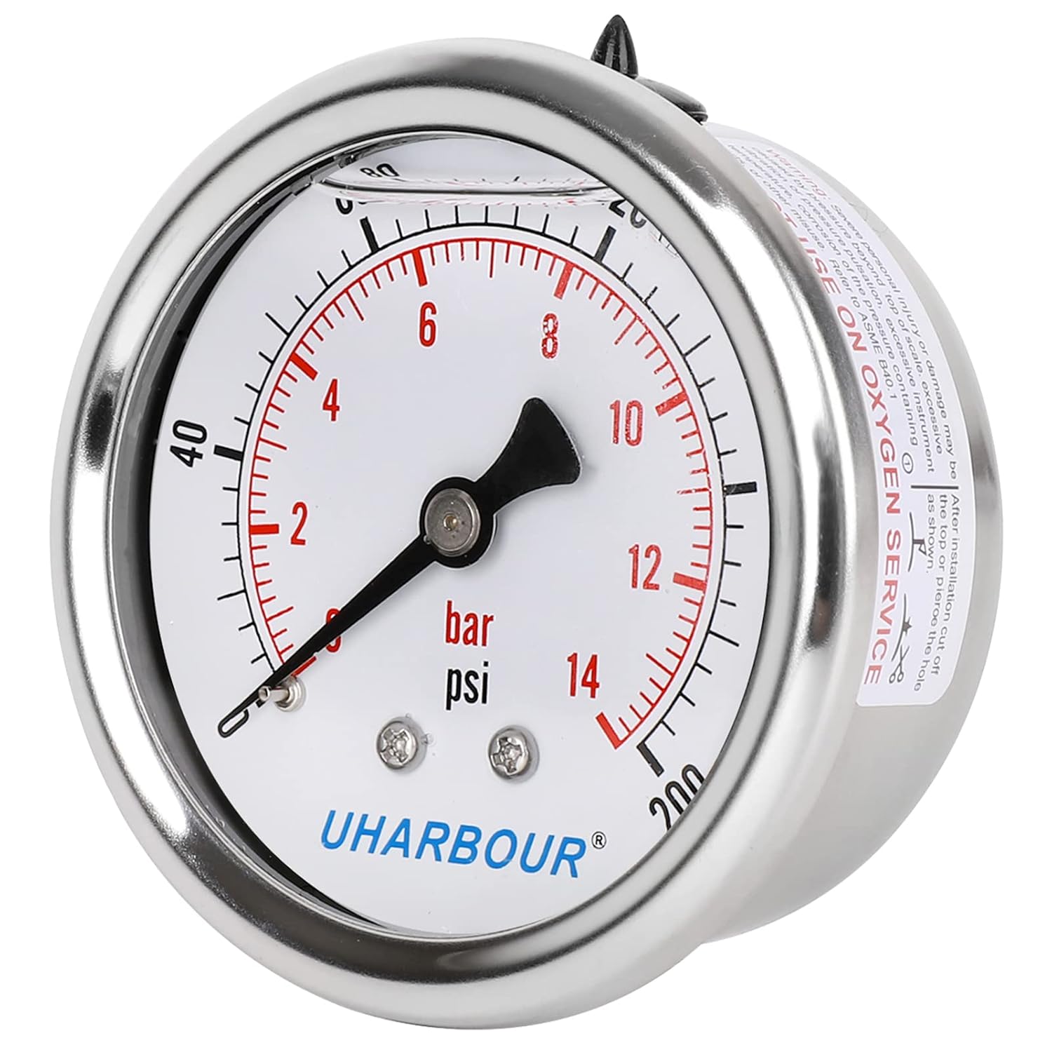 Glycerin Filled Pressure Gauge 200psi/14bar, Stainless Steel case, Brass Inside Construction, 2-1/2" dial, 1/4" NPT Back Connection.…