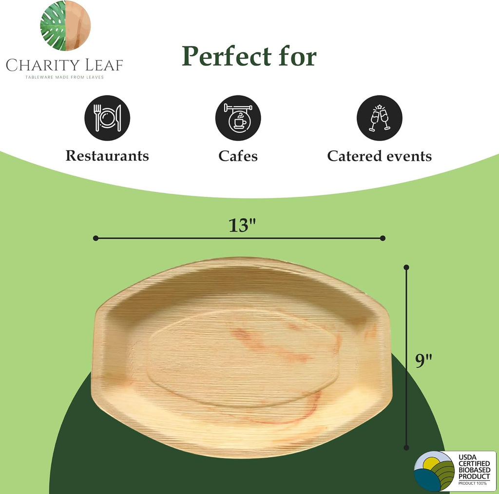 Charity Leaf Disposable Palm Leaf 13" x 9" Trays (25 pieces) Bamboo Like Serving Platters, Disposable Boards, Eco-Friendly Dinnerware For Weddings, Catering, Events