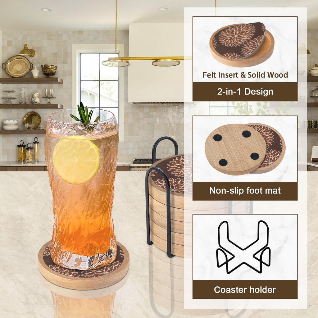 Wood Coasters Set of 6 with Holder, Cewiru Cup Mat for Drinks, Absorbent Coasters with Felt Insert for Coffee Table Protection, Modern Style Home Dining Table Decor, 4.3" Brown