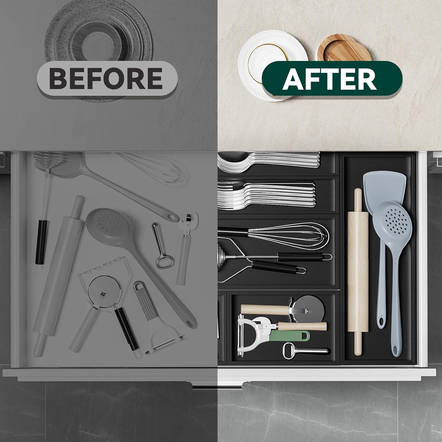 Bamboo Drawer Organizer, Cutlery Silverware Organizer for Kitchen Drawer, Stackable Utensil Organizer, 2 Pcs Flatware Organizer, Wooden Storage Box Tray (Black, 12 X 6 X 2 Inch)