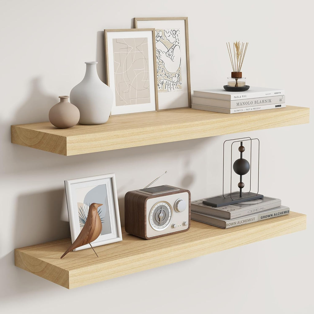 Fun Memories Rustic Floating Shelves for Home Decor, 8 Inch Deep Floating Shelf, Solid Wood Floating Wall Shelves 30 Inch Long, Deep Wall Shelves for Bathroom, Living Room, Natural Finsh, Set of 2