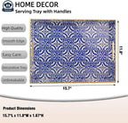 Serving Tray with Handles, Rectangular Decorative Trays for Coffee Table, Plastic Ottoman Tray for Living Room, Decor, Boho Blue, 15.7”*11.8”*1.6"