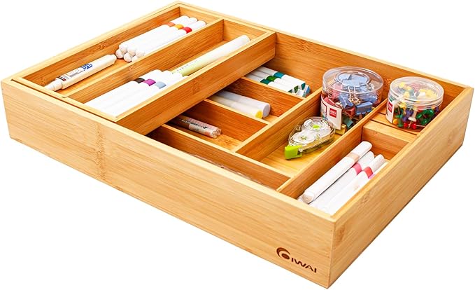 Double Layer Bamboo Kitchen Drawer Organizer Cutlery Utensil Silverware Drawer Organizer, Silverware Tray for Drawer Removable Utensil Holder Flatware Organizer Multi-use Storage Box (L)