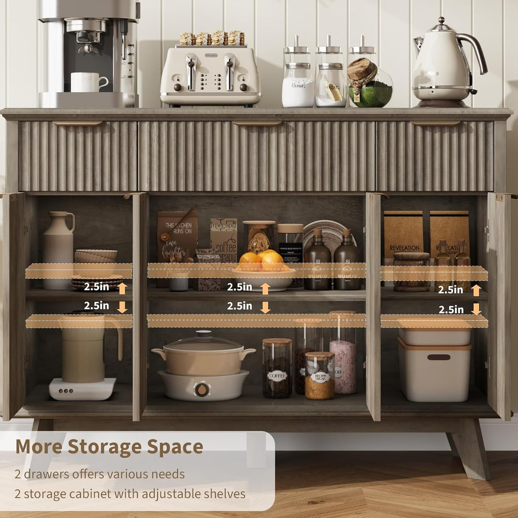 QUW Fluted Sideboard Buffet Cabinet with Charging Station, 47.2" Kitchen Storage Cabinet with Drawers and Adjustable Shelves, Modern Coffee Bar Kitchen Table for Dining Room, Living Room, Grey