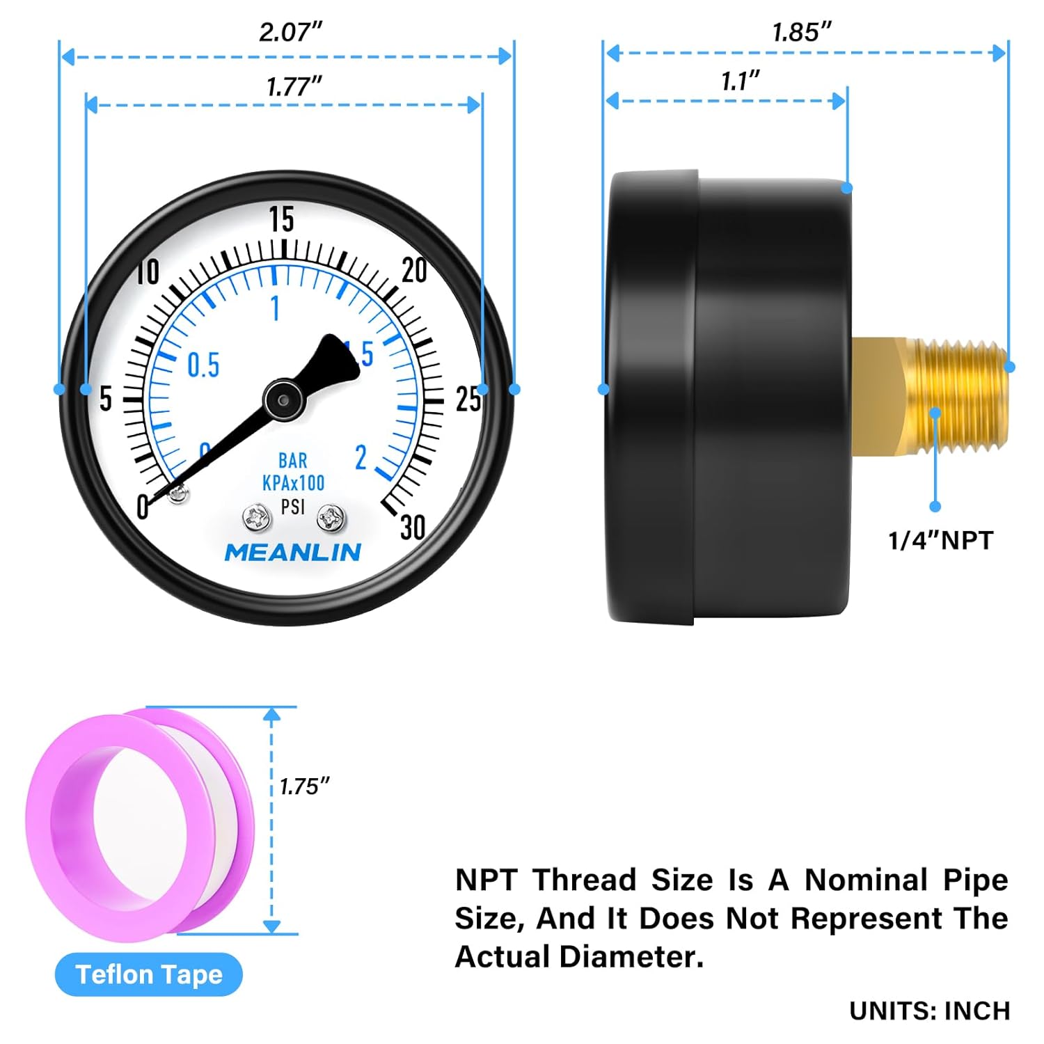 MEANLIN MEASURE 0-30Psi Well Pump Pressure Gauge 1/4" NPT 2" FACE DIAL for Pool Sand Filter Water Oil Air Pressure Test Back Mount, with Teflon Tape